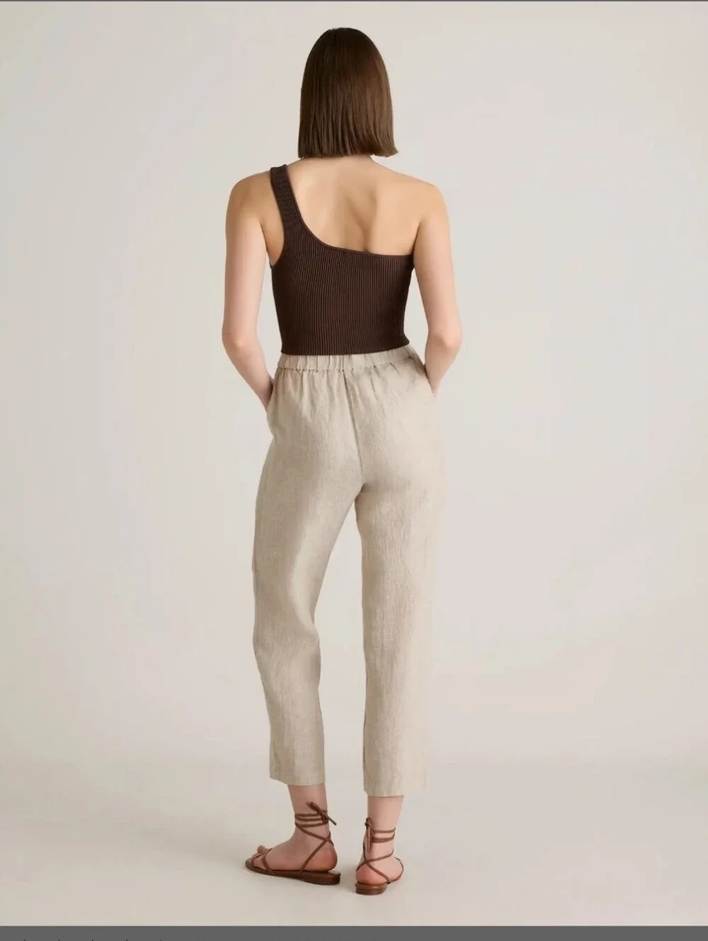 QUINCE 100% EUROPEAN LINEN TAPERED ANKLE PANTS SAND SIZE L
